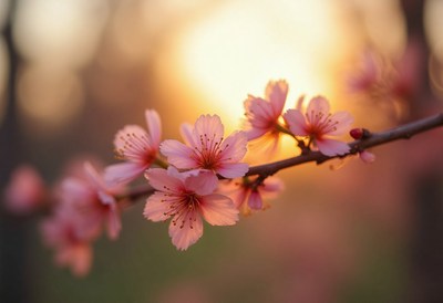 Cherry blossoms bloom at sunset in a tranquil garden