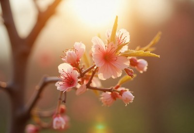 Cherry blossoms bloom at sunset in spring garden