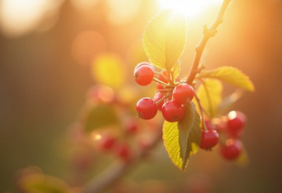Fresh berries glistening in golden sunlight at sunset