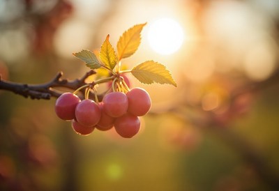 Sunlight illuminating ripe cherries on a tree branch
