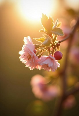 Cherry blossoms bloom in golden sunset light
