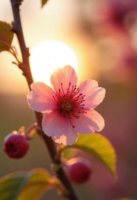 Cherry blossom blooms at sunset revealing delicate beauty