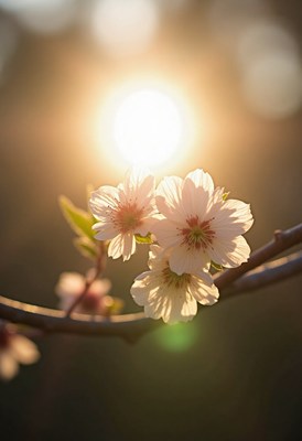 Blossoming cherry flowers in golden sunlight at sunset