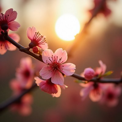 Beautiful cherry blossoms bloom during sunset