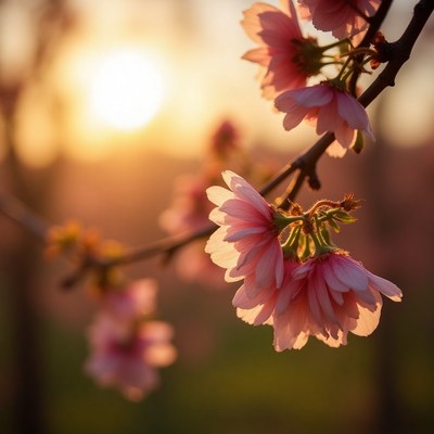 Cherry blossoms under a glowing sunset sky