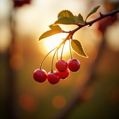 Cherries hanging on a branch during sunset in nature
