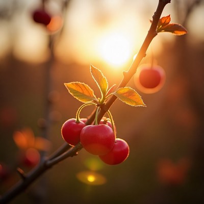 Bright cherries shine in golden sunset glow