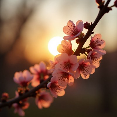 Cherry blossoms bloom at sunset in vibrant display