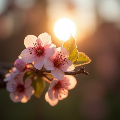 Cherry blossoms bloom at sunset in a serene garden