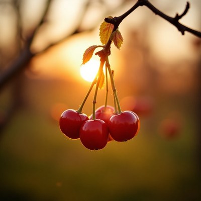 Cherry fruits hanging from a tree at sunset