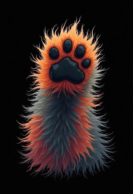 Colorful furry paw reaching out in artistic display