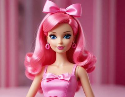 Colorful doll with pink hair and matching outfit in setting