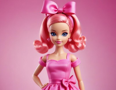 Pink-haired doll in a vibrant outfit posing confidently