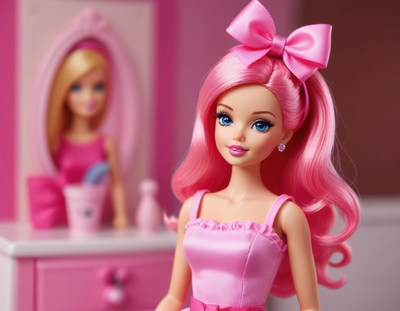 Brightly dressed doll in a pink-themed room setting