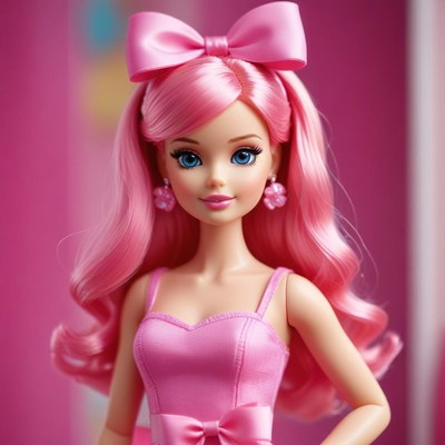 Doll with pink hair and bow in bright setting