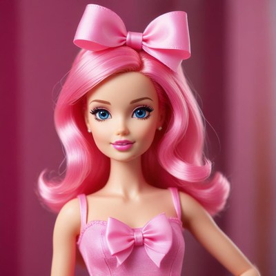 Pink doll with long hair and matching accessories on display