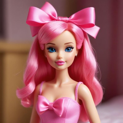 Pink haired doll with big bow in a cozy room setting