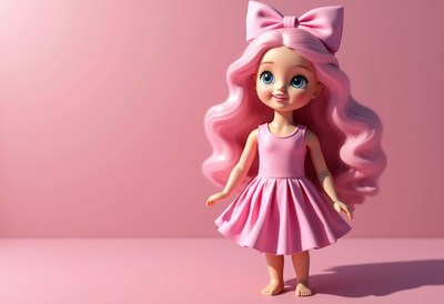 Cute pink doll with long hair and a bow on display