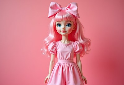 Charming pink doll with long hair and bow