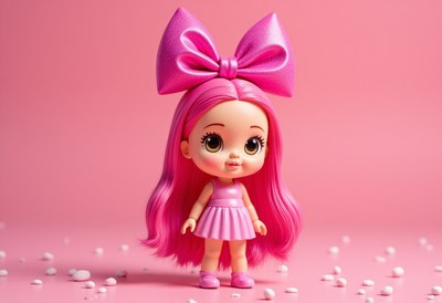 Cute doll with pink hair and bow on pink background