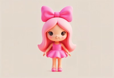 Cute pink doll with big bow and cheerful expression