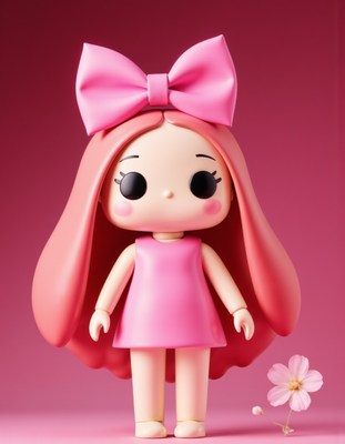 Pink doll with long hair and bow on backdrop