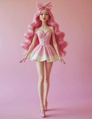 Elegant fashion doll in pink dress with long hair