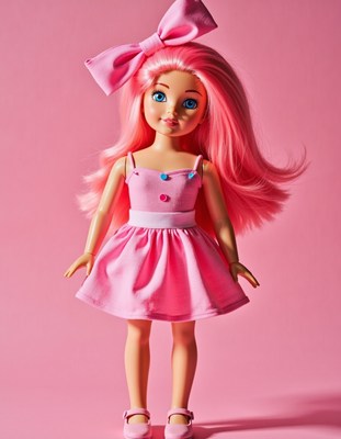 Bright pink doll with long hair and bow in playful setting