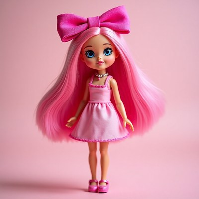 Cute pink doll with long hair and large bow stands proudly