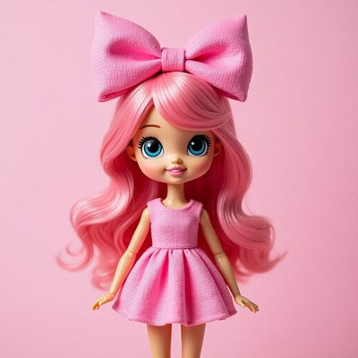 Cute doll with pink hair and oversized bow on pink backdrop