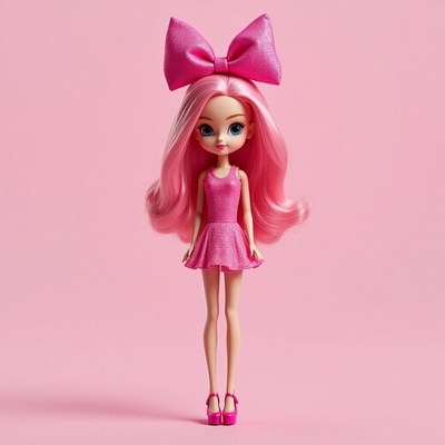 Bright pink doll with a large bow and shimmering dress