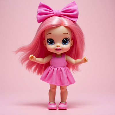 Doll in pink dress on pastel background