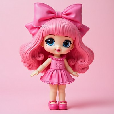 Colorful doll with pink hair and bow on simple background