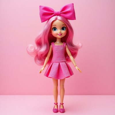 Cute doll with pink dress and bow on pastel background