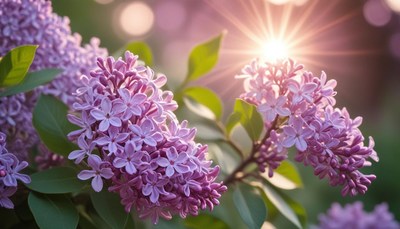 Beautiful lilac blooms in a sunlit garden at dawn