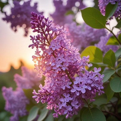 Vibrant lilac flowers blooming at sunset in the garden