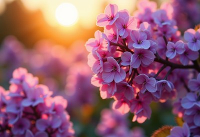 Cherry blossoms bloom at sunset in a vibrant garden