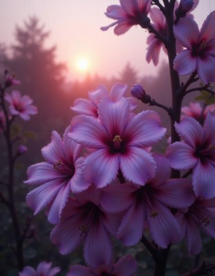 Pink flowers bloom at sunrise in a misty landscape