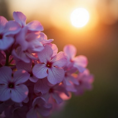 Pink flowers basking in golden sunset light