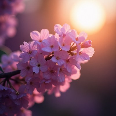 Cherry blossoms bloom at sunset in spring garden