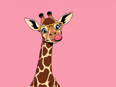 Giraffe in glasses blowing bubblegum on pink background
