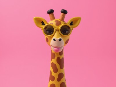 Colorful giraffe wearing sunglasses against pink backdrop