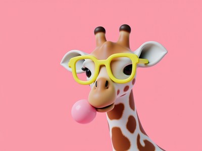 Giraffe in glasses blowing bubblegum on pink backdrop