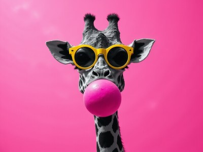 Giraffe blowing bubble gum with funky sunglasses