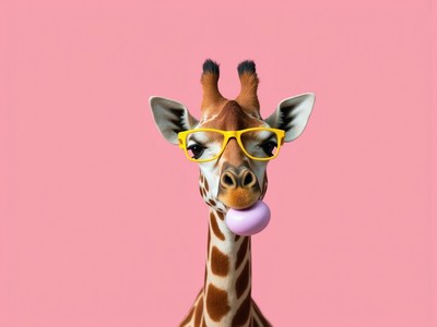 Giraffe with glasses blowing bubble gum in studio