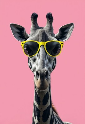 Giraffe wearing stylish sunglasses against pink background