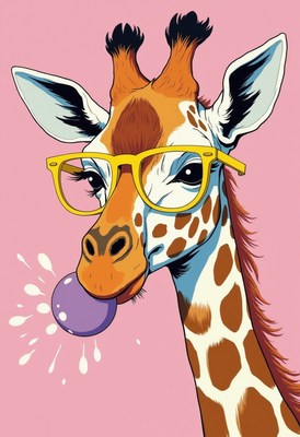 Giraffe with glasses chewing bubble gum on pink background