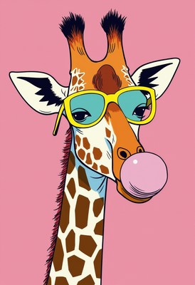 Giraffe blowing bubble gum in playful art design