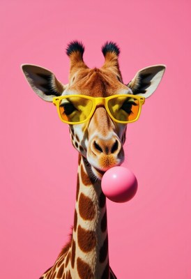 Giraffe with sunglasses blowing a pink bubble gum
