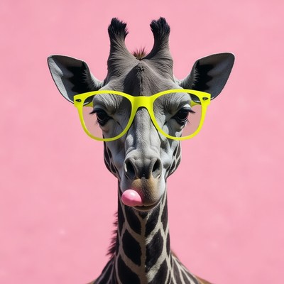 Giraffe wearing yellow glasses on a pink background